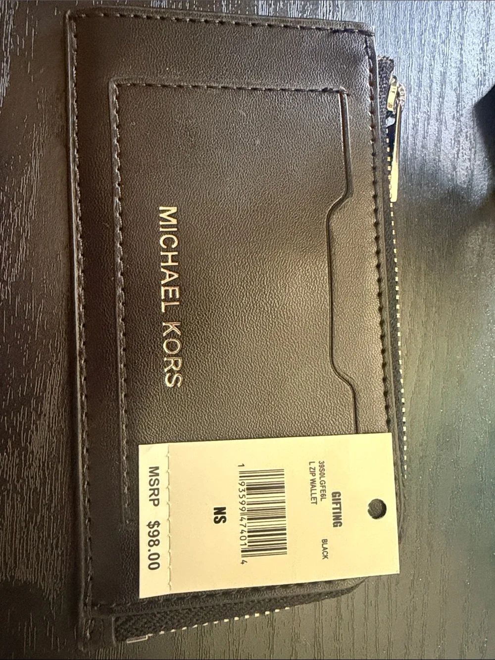 Michael Kors Black Leather Zip Card Case with Gold Logo